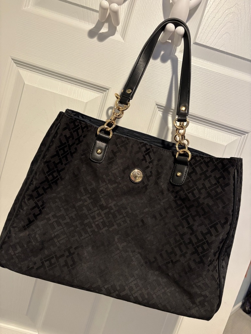 Tommy Hilfiger Black Quilted Logo Tote with Gold Hardware
